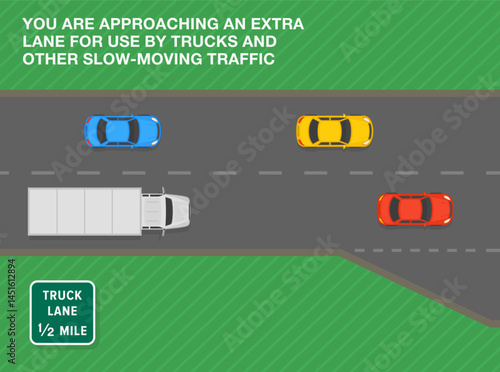 Safe driving tips and traffic regulation rules. "Truck lane xx mile" sign. Top view of semi-trailer approaching the extra lane for trucks on highway. Flat vector illustration template.