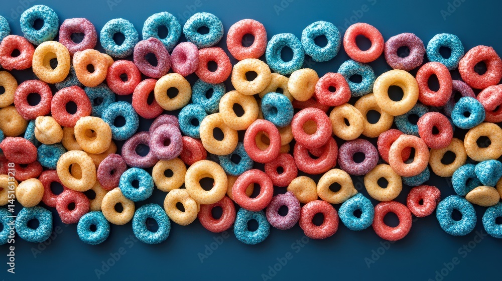 Colorful cereal rings scattered on a blue surface, creating a vibrant and playful scene Colorful cereal rings scattered on a blue surface, creating a vibrant and playful scene