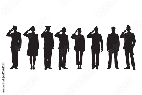 Silhouette of Saluting Soldiers and Officers in Uniform