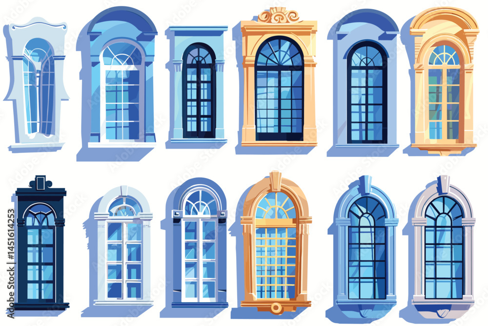 Fototapeta premium Set of cartoon elements of architecture - closed windows, front view. Vector illustration on white background.