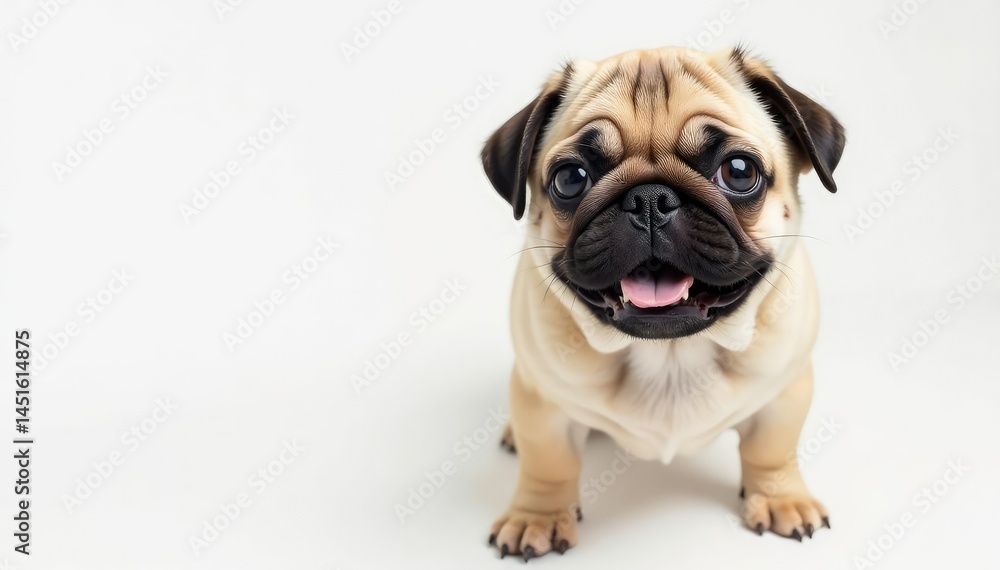 Playful pug looking directly at camera, isolated white, studio, gaze, white Playful pug looking directly at camera, isolated white, studio, gaze, white