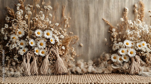 Wallpaper Mural A horizontal frame adorned with dried daisies and wheat, with macrame tassels draping over the sides, lying on a woven jute rug. Created Using: earthy editorial tone, natural textures, Torontodigital.ca