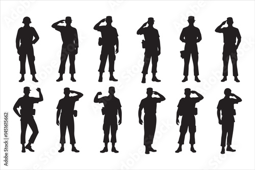 Silhouette of Saluting Soldiers and Officers in Uniform