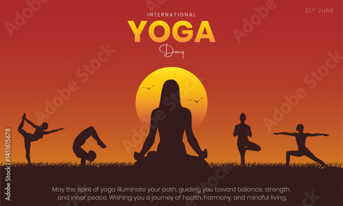 International Yoga Day Banner and Greeting Card Design. 21 June - Yoga Day Creative Background with Meditation Pose Silhouette Vector Illustration