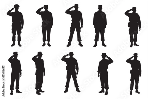 Silhouette of Saluting Soldiers and Officers in Uniform