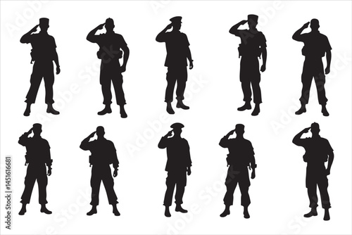 Silhouette of Saluting Soldiers and Officers in Uniform