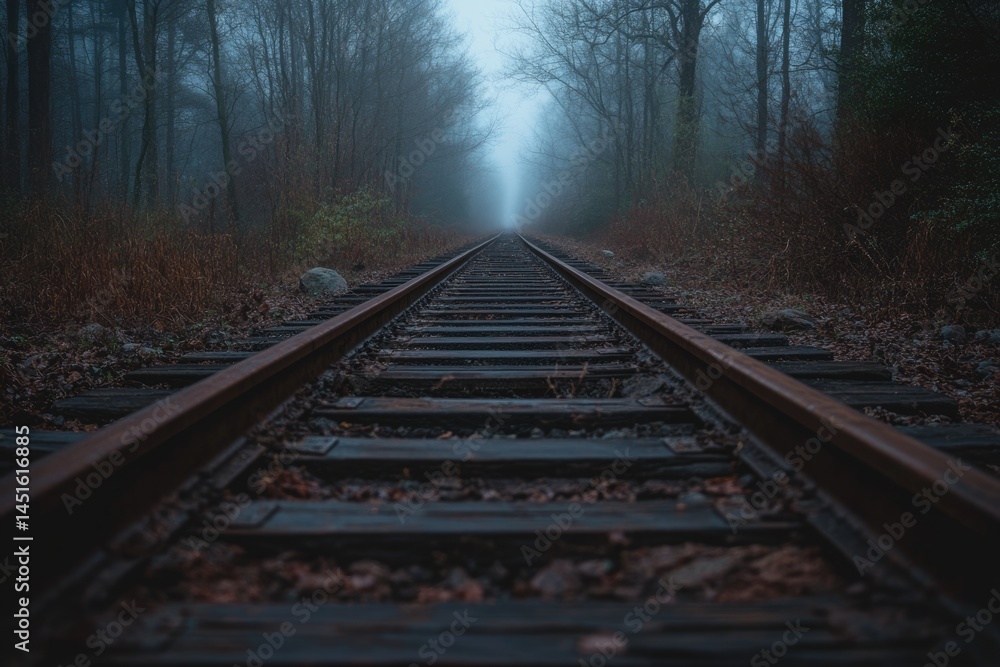 Fototapeta premium A foggy perspective of train tracks disappearing into the misty distance, bordered by silent woods.