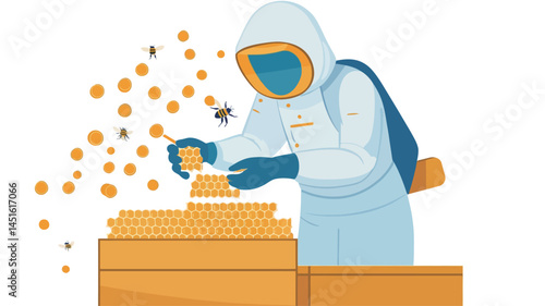 A stylized vector illustration of a beekeeper in a full white protective suit and hood, meticulously inspecting a beehive. The beekeeper's gloved hands carefully handle the various parts of the hive.