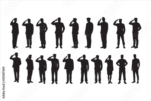 Silhouette of Saluting Soldiers and Officers in Uniform