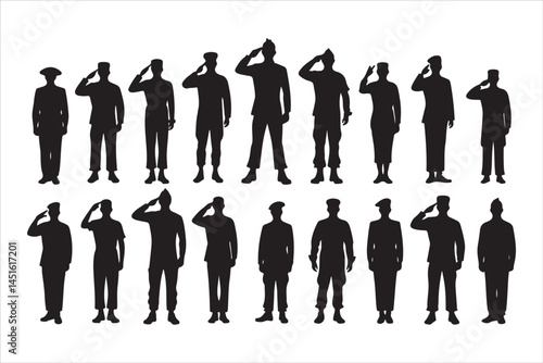 Silhouette of Saluting Soldiers and Officers in Uniform