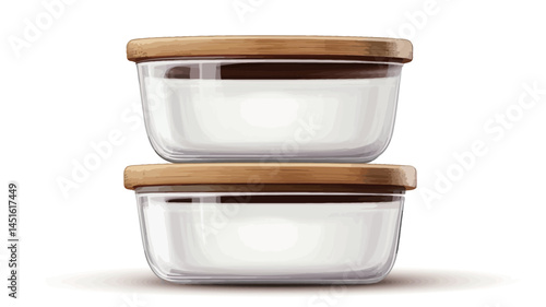 This high-key studio photograph, set against a plain white background, depicts two cylindrical glass storage jars stacked vertically. Each jar has a light-colored lid, probably natural wood.