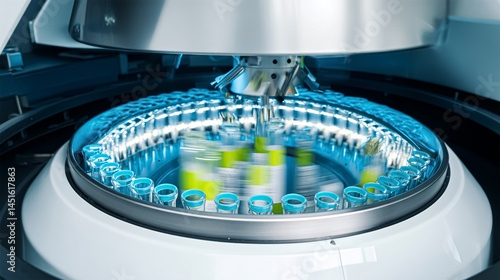 Closeup of a modern robotic machine for blood centrifugation and urinalysis. Hospital laboratories, automatic biochemical analyzer