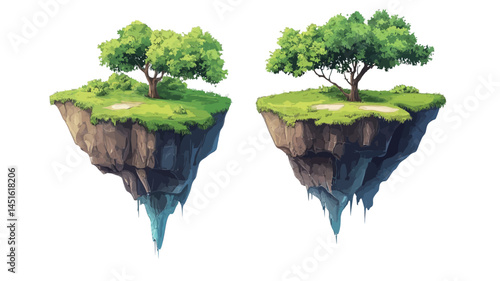 This digital illustration shows a pair of identical floating islands set against a pure white background. Each island features a small patch of verdant grass supporting lush green foliage.