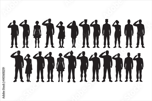 Silhouette of Saluting Soldiers and Officers in Uniform