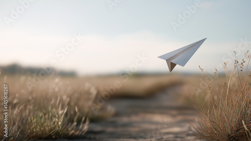 A single paper airplane flying over an empty field