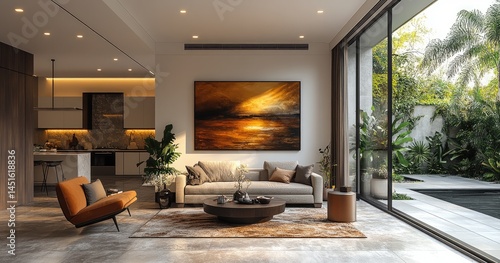 Wallpaper Mural Modern living room with sunset art, pool view Torontodigital.ca