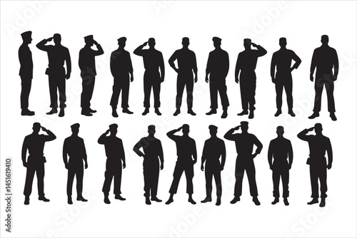 Silhouette of Saluting Soldiers and Officers in Uniform