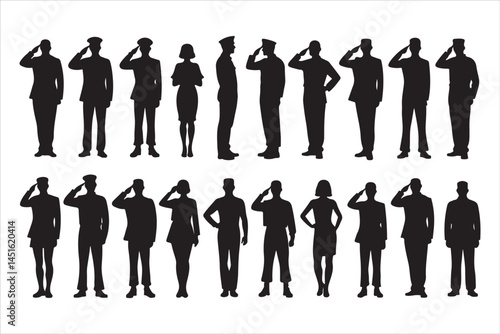 Silhouette of Saluting Soldiers and Officers in Uniform