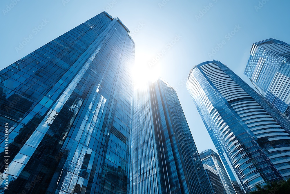 Fototapeta premium Modern Glass Skyscrapers in a City Center Under Bright Sunlight