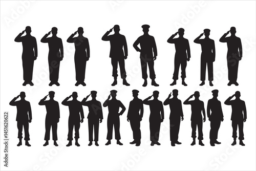 Silhouette of Saluting Soldiers and Officers in Uniform
