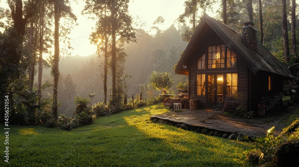 A cozy cabin nestled amidst a verdant forest at sunset A cozy cabin nestled amidst a verdant forest at sunset