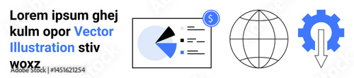 Chart with pie segments, dollar symbol, globe, gear with downward arrow. Ideal for finance, strategy, global markets, data analytics, business planning technology simple landing page