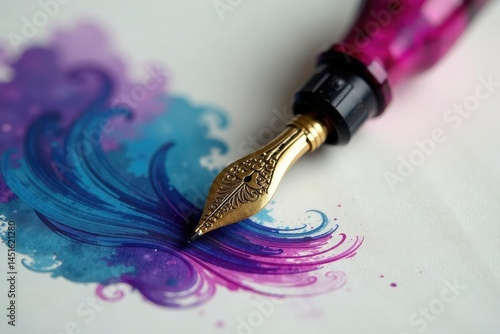 Elegant calligraphy nib and inkwell, isolated, inkwell, nib, detail