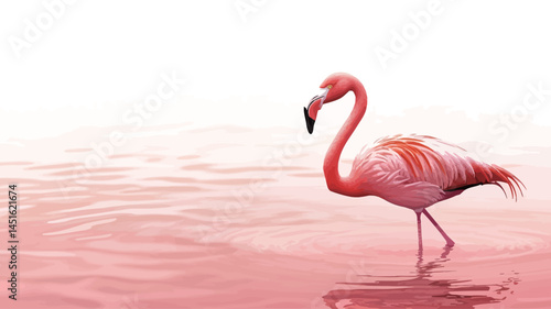 In the photo, a flamingo stands in shallow pink water. The flamingo's feathers appear in a soft pink gradient, with darker shadows on its wings and back. Its reflection is clearly visible.