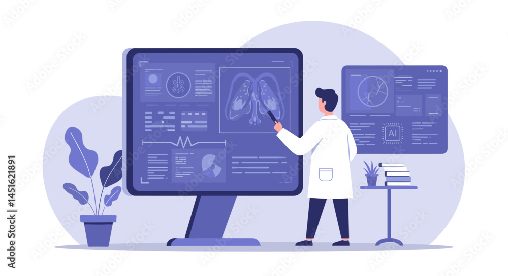 Doctor analyzing medical data and AI technology on screens, representing advancements in healthcare Doctor analyzing medical data and AI technology on screens, representing advancements in healthcare