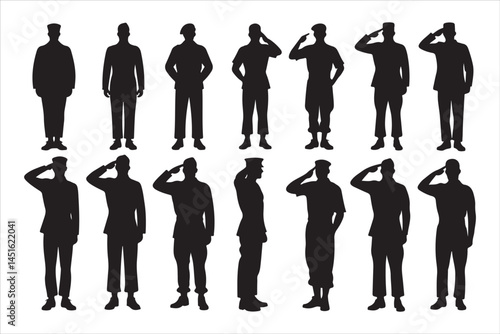 Silhouette of Saluting Soldiers and Officers in Uniform