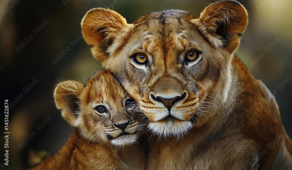 Fototapeta premium lioness and cub portrait, tender moment in the wild
