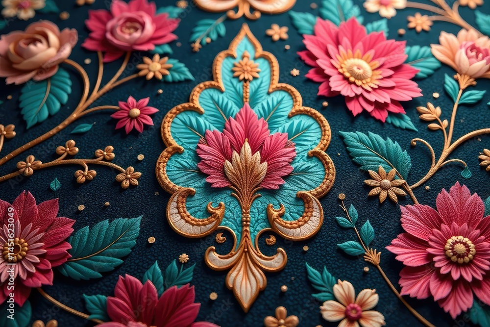 Intricate floral damask, woven textile close-up, geometric, pattern, textile Intricate floral damask, woven textile close-up, geometric, pattern, textile