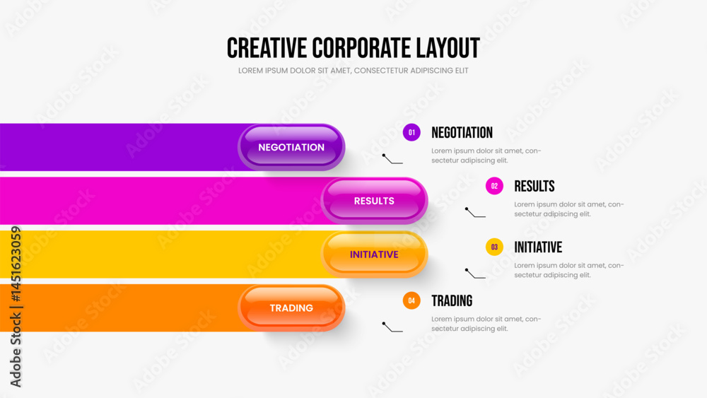 Fototapeta premium Sales Strategy Slide Layout Vector Illustration. Digital Campaign 4 Option Infographic Frame Template. Product Insight Four Element Diagram Presentation Design.