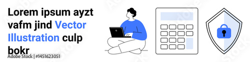 Laptop user sitting cross-legged, calculator, and secure shield symbolize finance, encryption, technology, safety, productivity, and online protection. Ideal for fintech security and flat landing