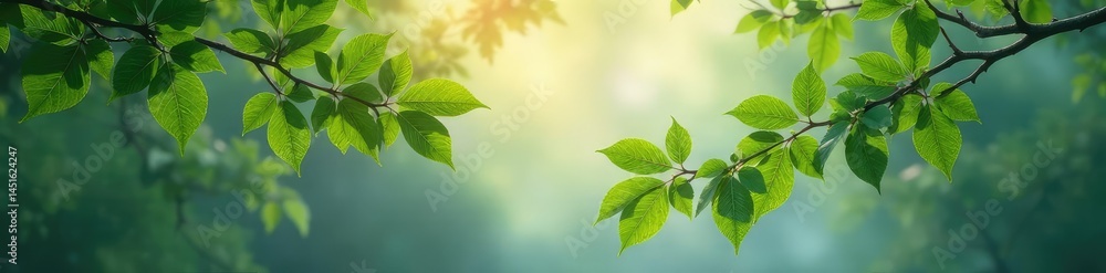 Leafy branches in the misty morning atmosphere, serene, branches, leafy Leafy branches in the misty morning atmosphere, serene, branches, leafy