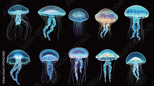 A digital illustration shows twelve jellyfish, each meticulously rendered against a solid black background. The jellyfish have different bell shapes and tentacles.