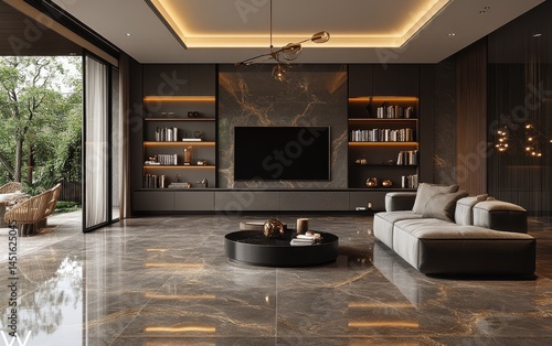 Wallpaper Mural Modern living room interior design, marble floor, outdoor view Torontodigital.ca