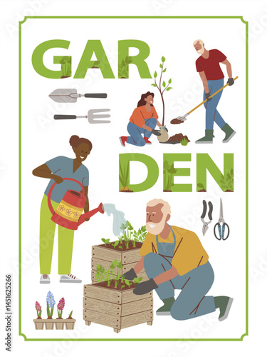 Vector hand drawn illustrations of people in the beds, tending their vegetable garden, garden. Drawings for a poster, background or postcard. Hand drawn