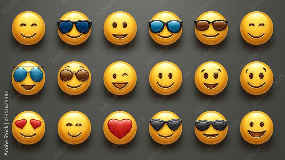 Obraz premium Collection of 3D yellow smiley face emojis on dark background
