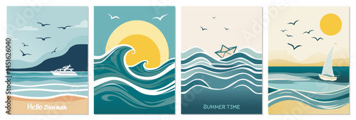 Set of banners, postcards with seashore view with blue wave, bright sun, boat or yacht on horizon. Travel concept, holidays, vacation vector illustrations