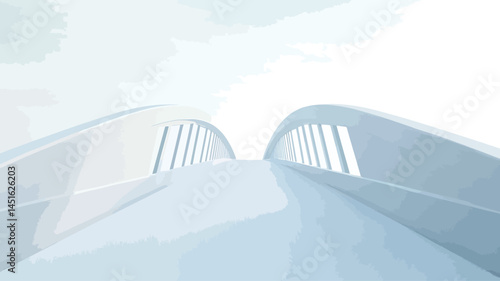 This low-angle close-up view shows a modern, minimalist white bridge. The design of the bridge features flowing curves and vertical perforations evenly spaced along the bridge deck.