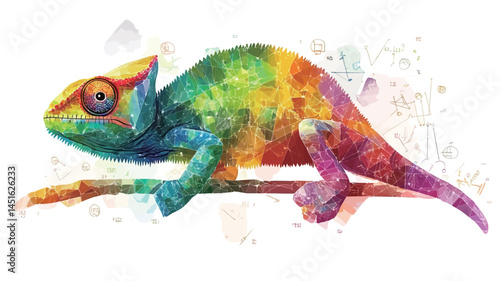 This digital artwork features a stylized chameleon in a vibrant watercolor style, with a fascinating blend of rainbow hues on the body and rich details on the scales.
