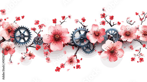 A digitally rendered horizontal seamless pattern featuring delicate pink and white cherry blossoms arranged in an orderly pattern and interspersed with dark grey metal gears.