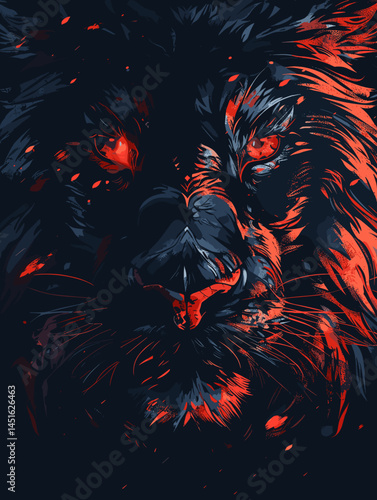 Vector illustration of a tiger head with red eyes on a black background.