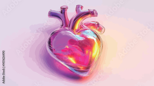 The 3D rendered image depicts a stylized anatomical heart carved from iridescent glass. The heart appears translucent, subtly illuminated by internal light and color gradients.