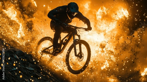 Extreme mountain biker soaring through fiery explosion.  Silhouette of a rider mid-air on a mountain bike, surrounded by an intense burst of orange flames and sparks