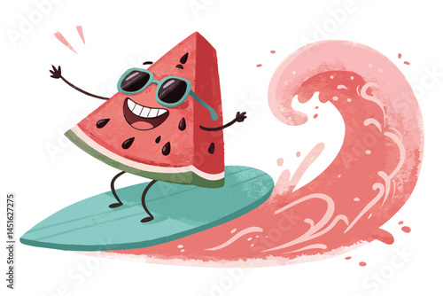 summer-themed illustration of smiling watermelon riding a fruit wave