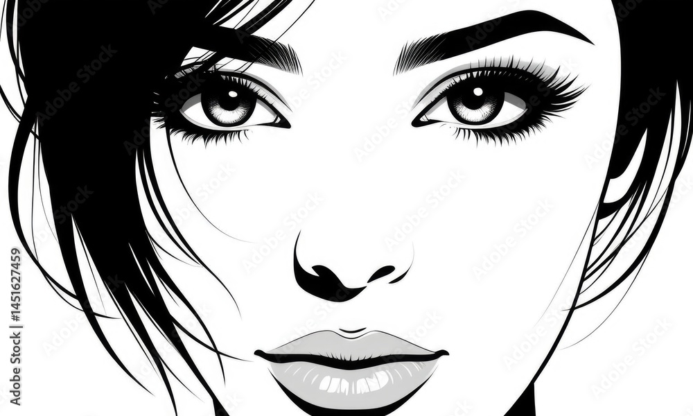 Minimalist black and white portrait of a woman with intense eyes and subtle makeup Minimalist black and white portrait of a woman with intense eyes and subtle makeup