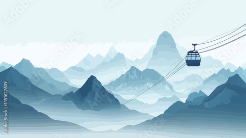 The work shows a stylized landscape dominated by misty blue mountains, with a painterly quality. The painting is dominated by cool tones, punctuated by various shades of blue and gray.