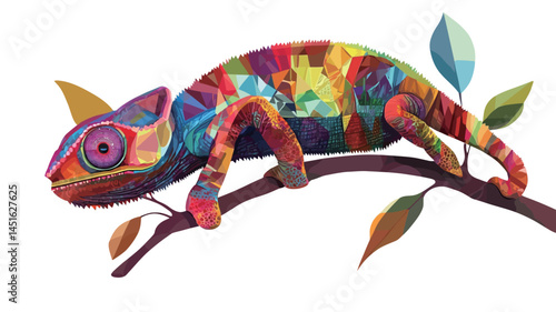 Stylized illustration of a chameleon perched on a branch. The chameleon's body is composed of a dynamic interweaving of intensely saturated colors, creating an almost impressionistic painterly style.
